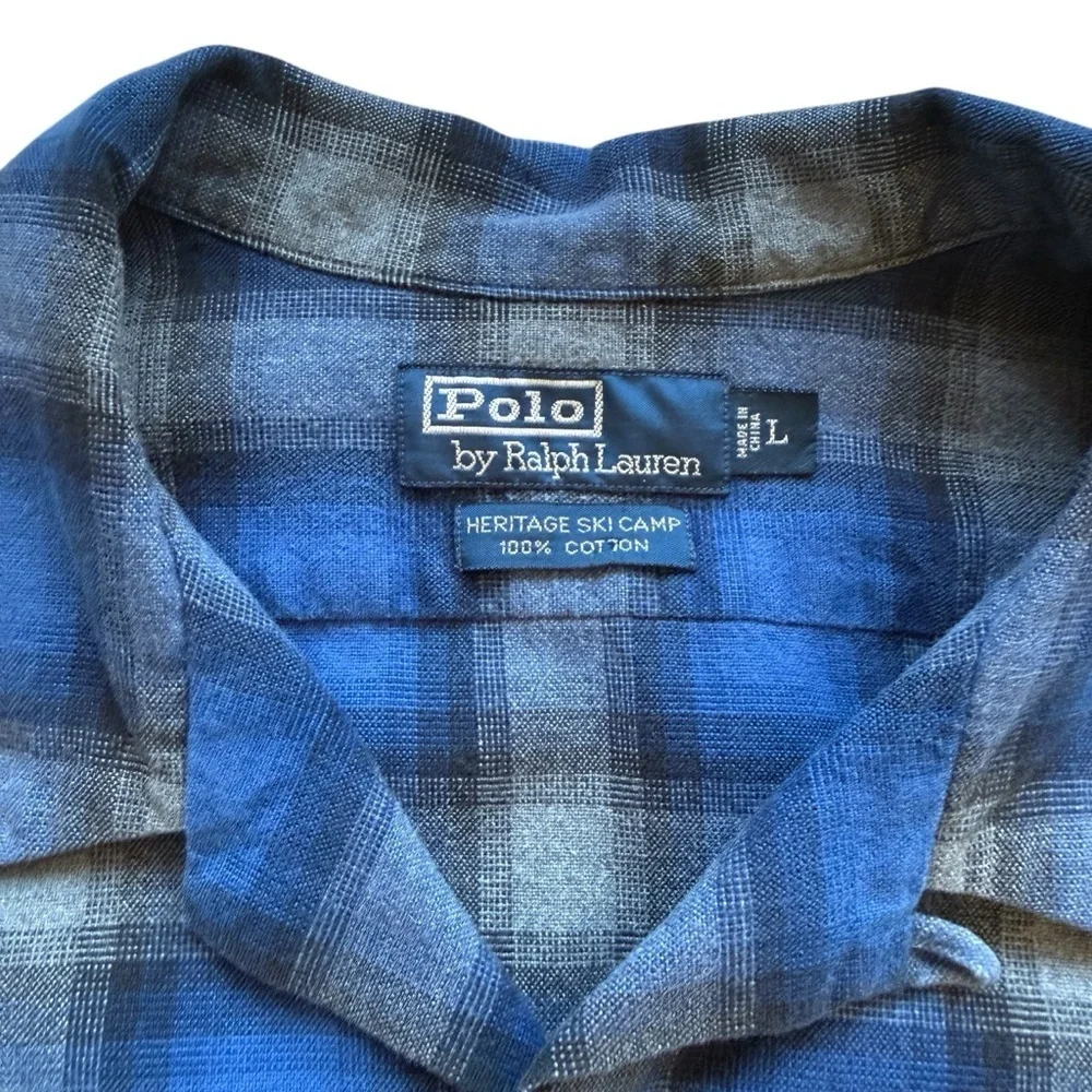 Polo Ralph Lauren HERITAGE SKI CAMP Shirt Men's L Blue Gray Plaid Button Front